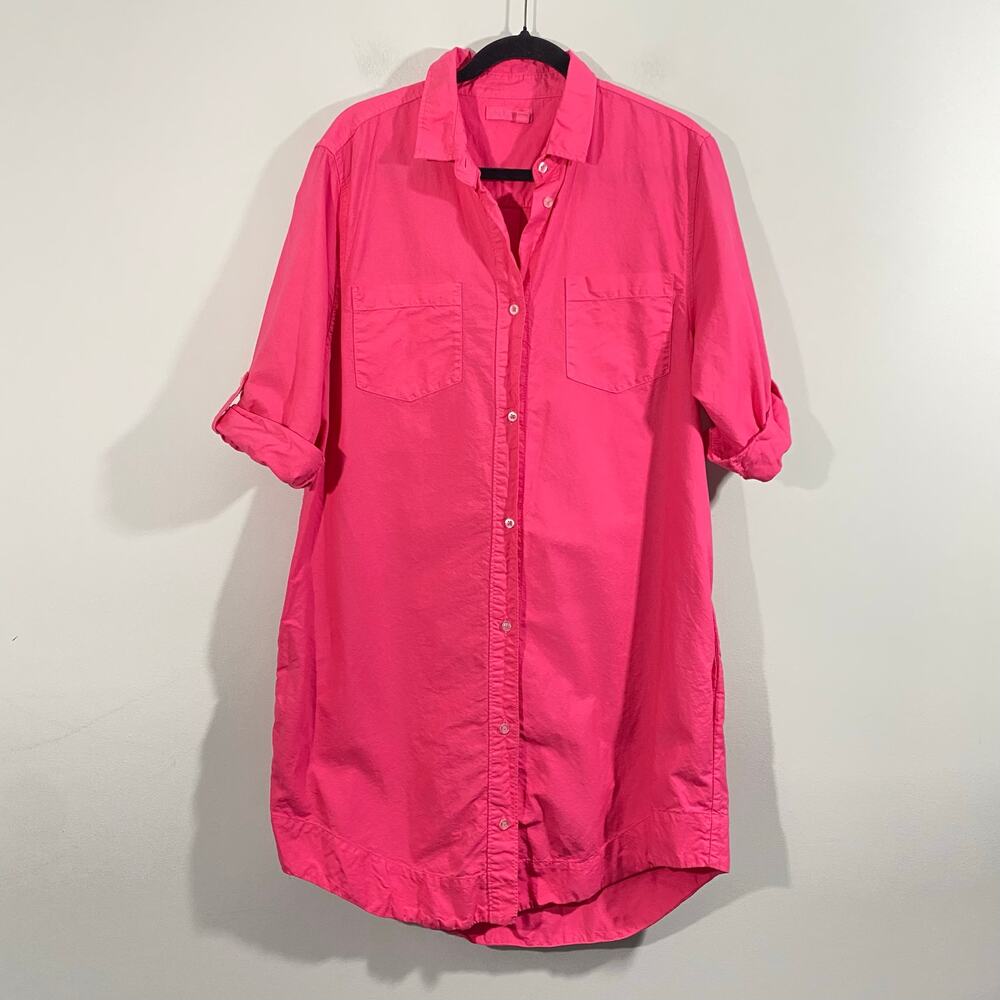 Fresh Produce Women Fuchsia Pink 100% Cotton Rolled Sleeve Shirt Dress Size L